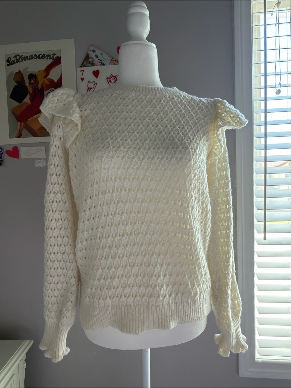 LOFT Cream Ruffle Shoulder Open-Knit Sweater